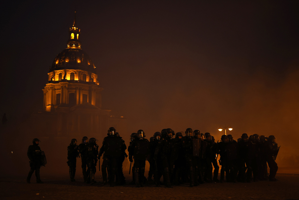 French riot police during clashes as thousands of protesters take part in a demonstration against the government's reform of the pension system, in Paris, France, 31 January 2023.