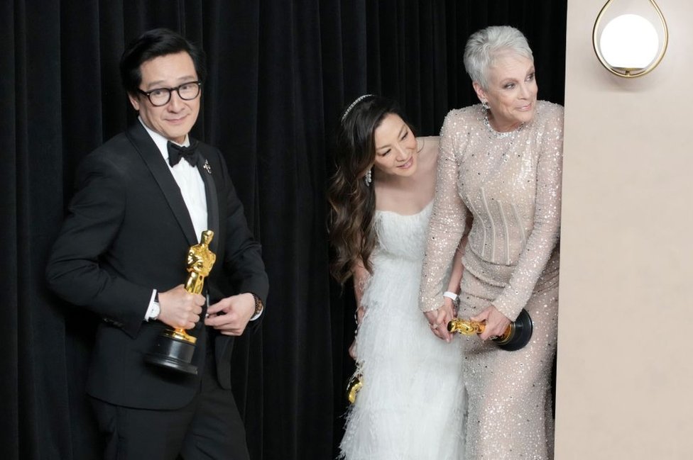 Ke Huy Quan, winner of the Best Actor In A Supporting Role award, Michelle Yeoh, winner of the Best Actress in a Leading Role award and Jamie Lee Curtis, winner of the Best Supporting Actress award for "Everything Everywhere All at Once" pose in the press room at the 95th Annual Academy Awards at Ovation Hollywood on March 12, 2023 in Hollywood, California.