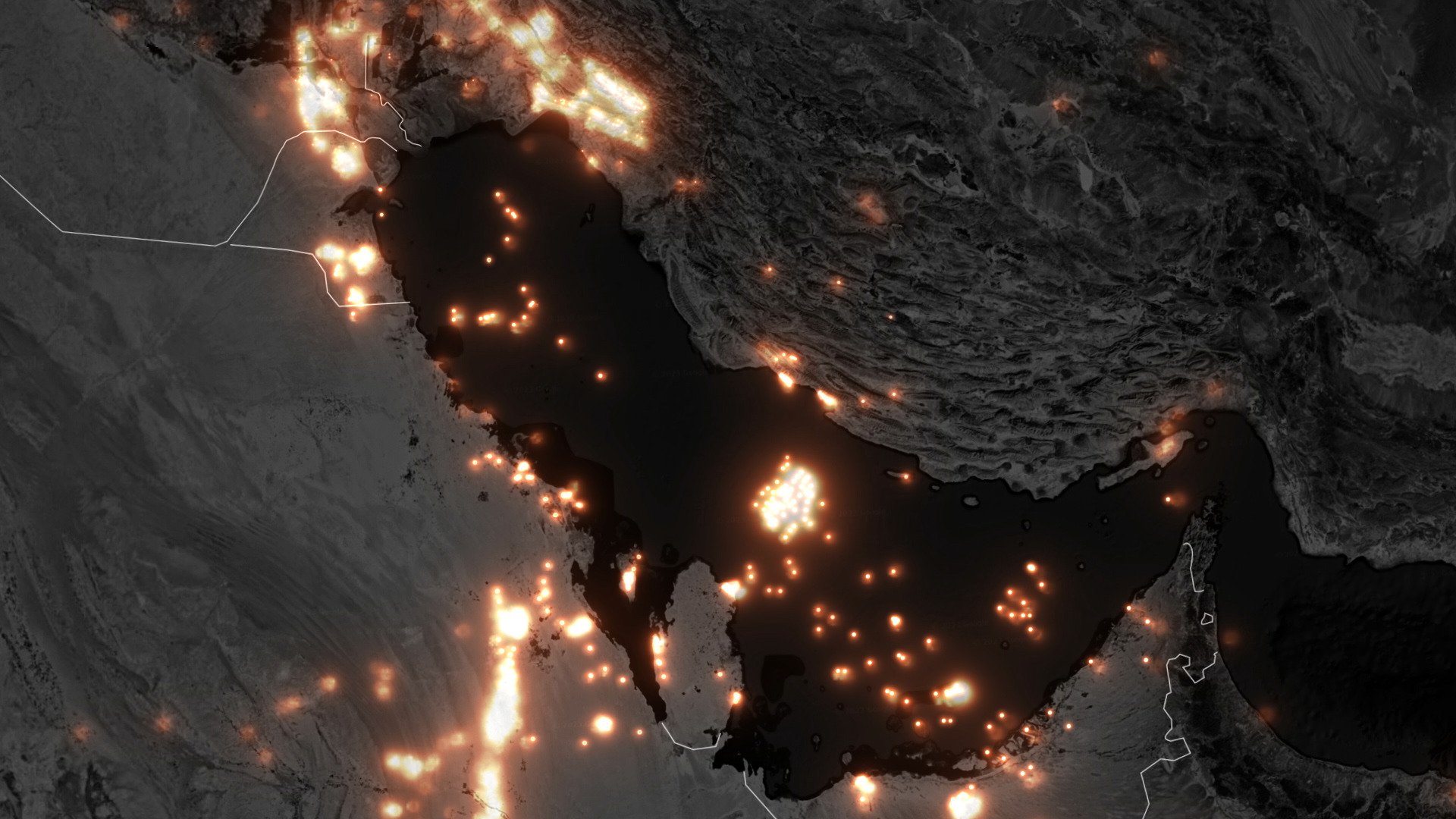 Zaštita životne sredine: BBC istraživanje pokazuje da otrovni gas ugrožava milione na Bliskom istoku 3 Map showing the lights from gas flares across the Gulf region