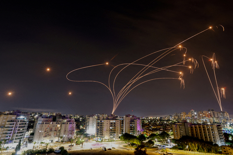 Israel's Iron Dome anti-missile system intercepts rockets launched from the Gaza Strip, as seen from the city of Ashkelon, Israel, October 9, 2023.