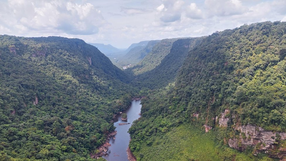 Latinska Amerika: Čiji je Esekibo - Brazil šalje vojsku na granicu sa Venecuelom 1 Aerial view of the Potaro River near Kaieteur, the world's largest single drop waterfall, located in the Potaro-Siparuni region of Guyana, on April 12, 2023. The Kaieteur National Park is part of Essequibo, an oil-rich disputed area of 160,000 square kilometers that is administered by Guyana but which Venezuelans voted to claim as theirs in a referendum.