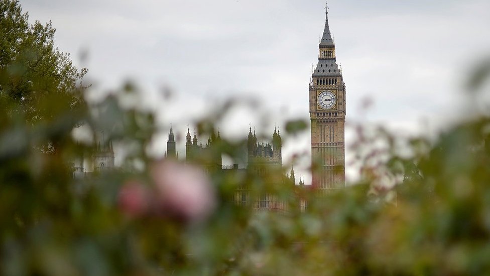 Big Ben pictured behind out of focus flowers in London in 2017