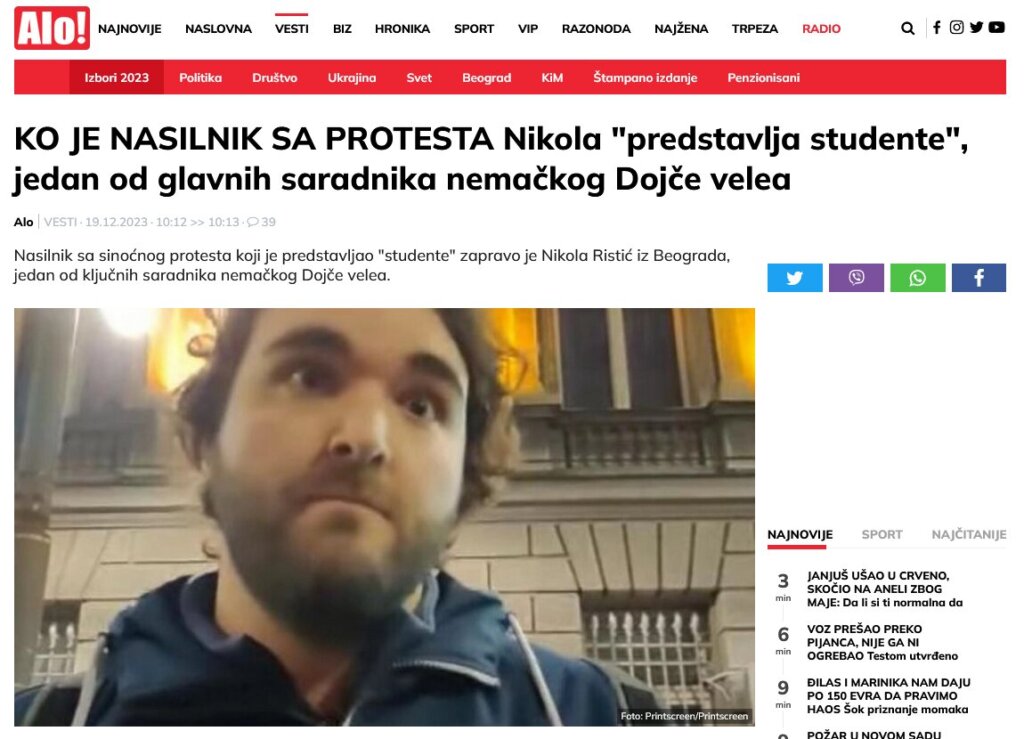 "Dokaz da smo trn u oku": Režimski tabloidi poveli kampanju protiv aktiviste koji je sinoć protestovao ispred RIK-a i tražio plan od opozicije 2
