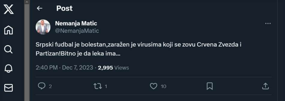 Nemanja Matić nastavio polemiku sa najvećim srpskim klubovima: Naš fudbal je bolestan, zaražen virusima koji se zovu Crvena zvezda i Partizan 2 Nemanja Matić nastavio polemiku sa najvećim srpskim klubovima: Naš fudbal je bolestan, zaražen virusima koji se zovu Crvena zvezda i Partizan 2
