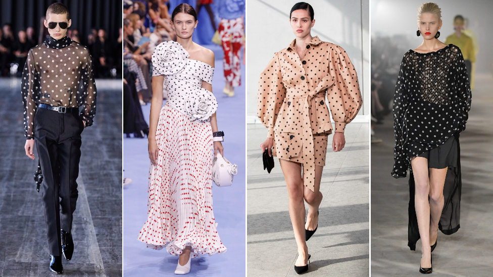 Composite image of models wearing designs by Saint Laurent, Balmain, Carolina Herrera and Undercover