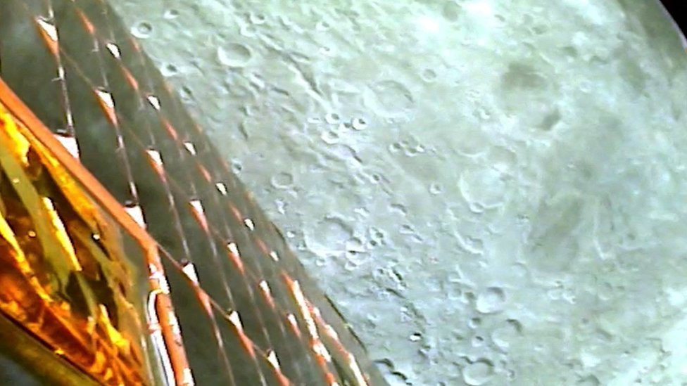A view of the moon as viewed by the Chandrayaan-3 lander during Lunar Orbit.
