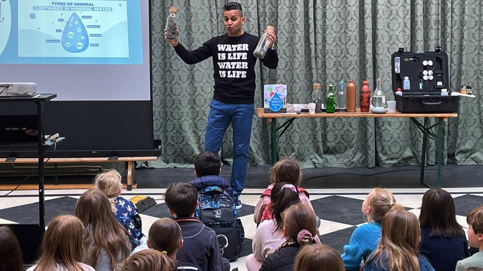 Milin Patel, a water consultant and sommelier, runs water tasting sessions for school children
