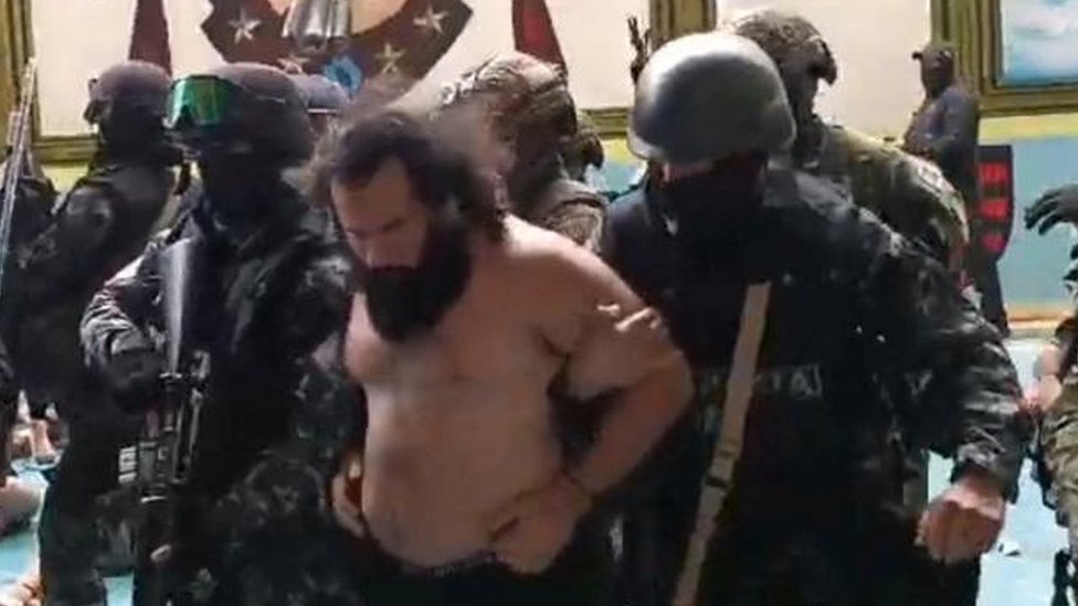 Armed forces transfer the criminal leader Jose Adolfo Macias Villamar, known as "Fito" after he was secured during a raid at the Zonal prison number 8, in Guayaquil, Ecuador in this screen grab from a handout video released on August 12, 2023