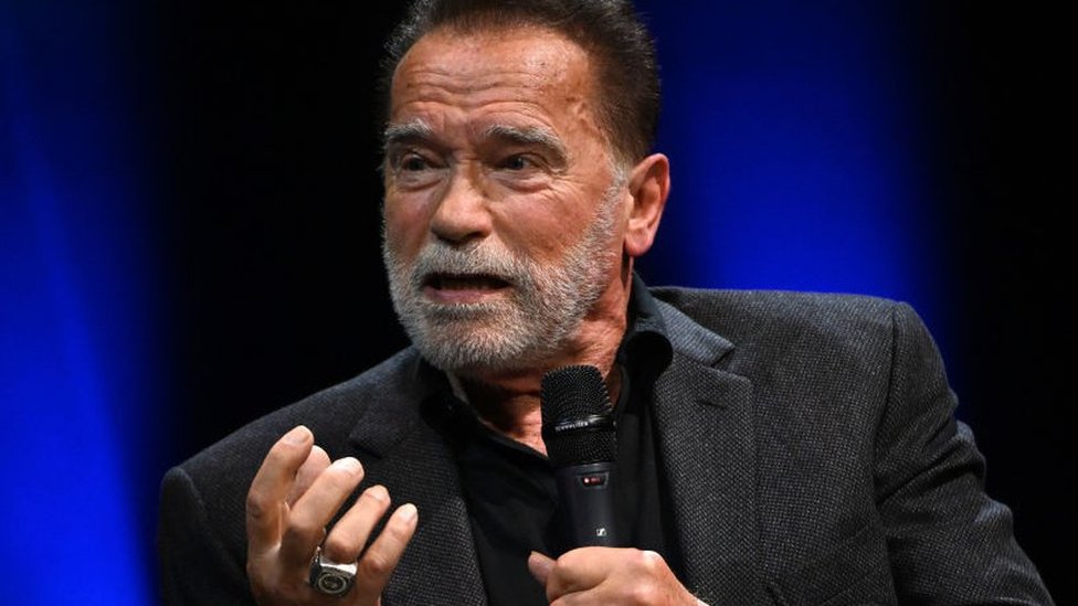 Arnold Schwarzenegger speaks onstage at an Evening with Arnold Schwarzenegger presented by Fane at London Palladium