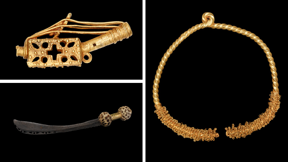 Arheologija i diplomatija: Velika Britanija samo pozajmljuje Gani ukradeno blago naroda Asante iz 19. veka 4 Composite image showing a gold model harp - not one of the looted items - a gold torc and a sword of state.