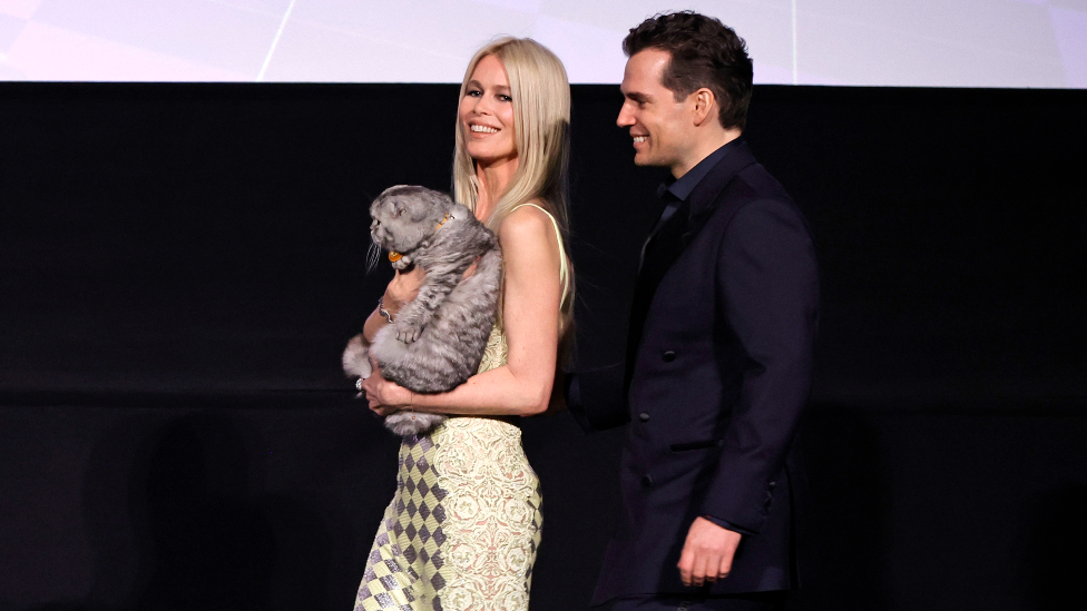 Claudia Schiffer and Henry Cavill on stage during the World premiere of "Argylle" at Odeon Luxe Leicester Square on January 24, 2024 in London, England