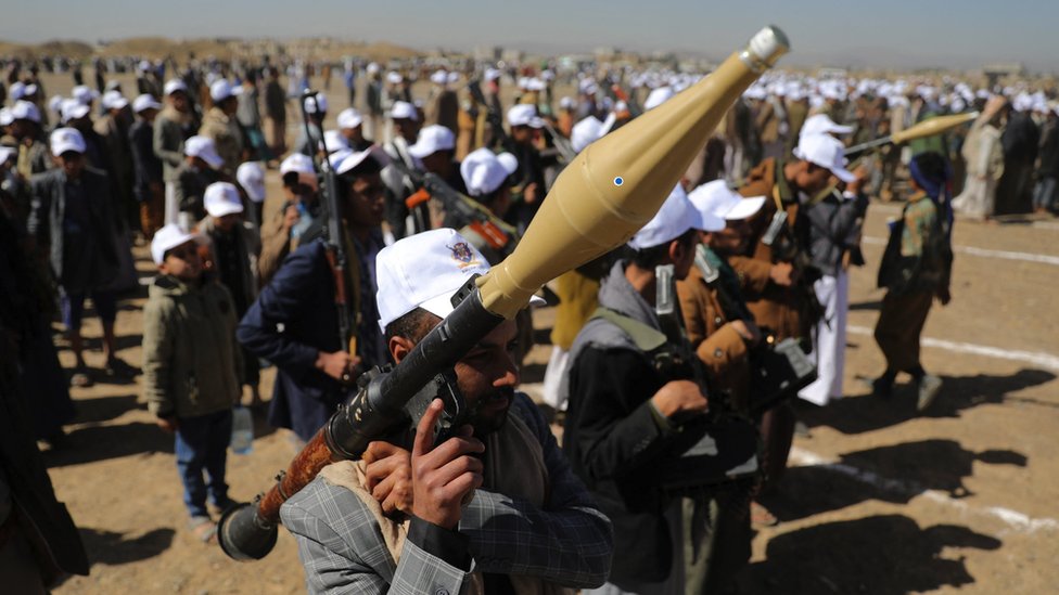 A Houthi follower holds an RPG launcher during a protest to decry the US-led strikes on Houthi targets and to show support for Palestinians in the Gaza Strip, near Sanaa, Yemen on 25 January, 2024