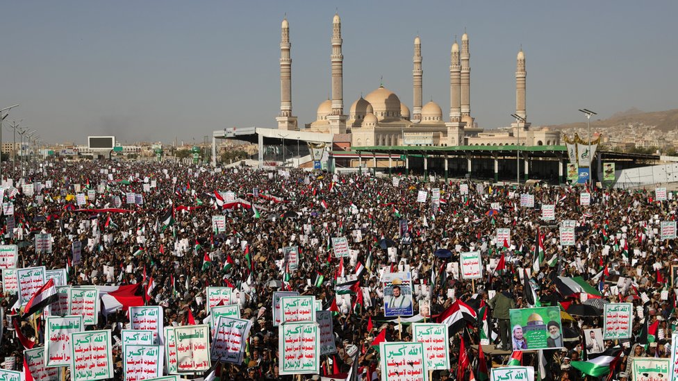 Thousands of people gathered in front of a mosque in Sanaa, Yemen on 12 January 2024
