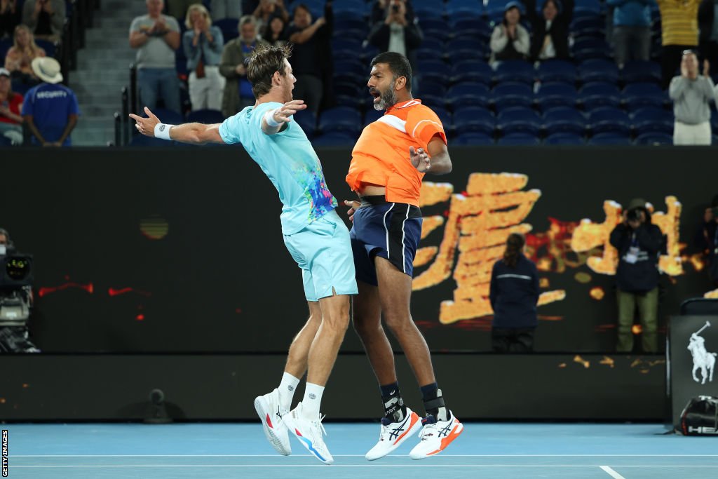 Australia's Matthew Ebden and India's Rohan Bopanna celebrate winning the 2024 Australian Open men's doubles title