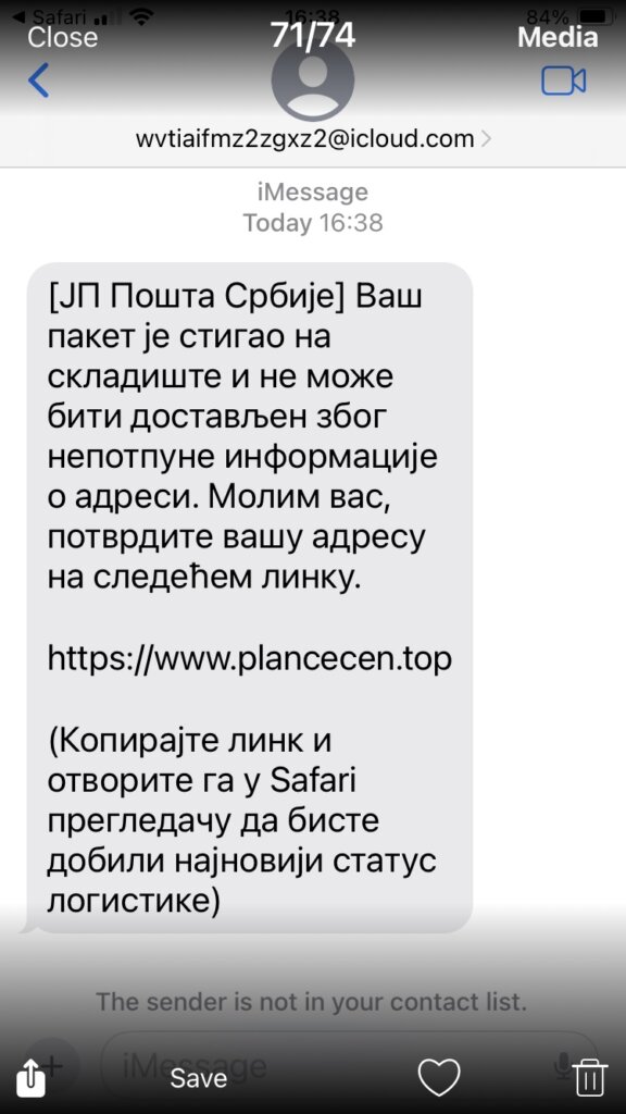 Građani ponovo na meti prevare: Iza SMS poruka o neuspeloj dostavi paketa ne stoji "Pošta Srbije" 1