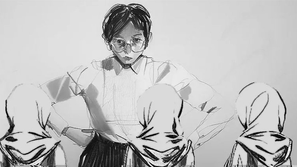 Religija i ženska prava: Kako se muslimani u Kazahstanu bore za pravo učenica da nose hidžab 3 Drawing of a teacher and covered girls