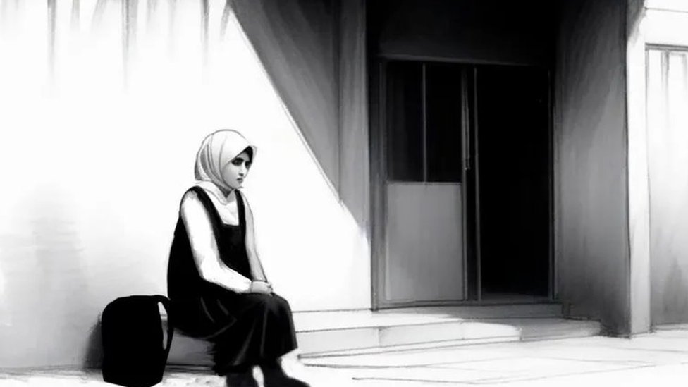 Religija i ženska prava: Kako se muslimani u Kazahstanu bore za pravo učenica da nose hidžab 6 Drawing of a girl sitting by the entrance to a school