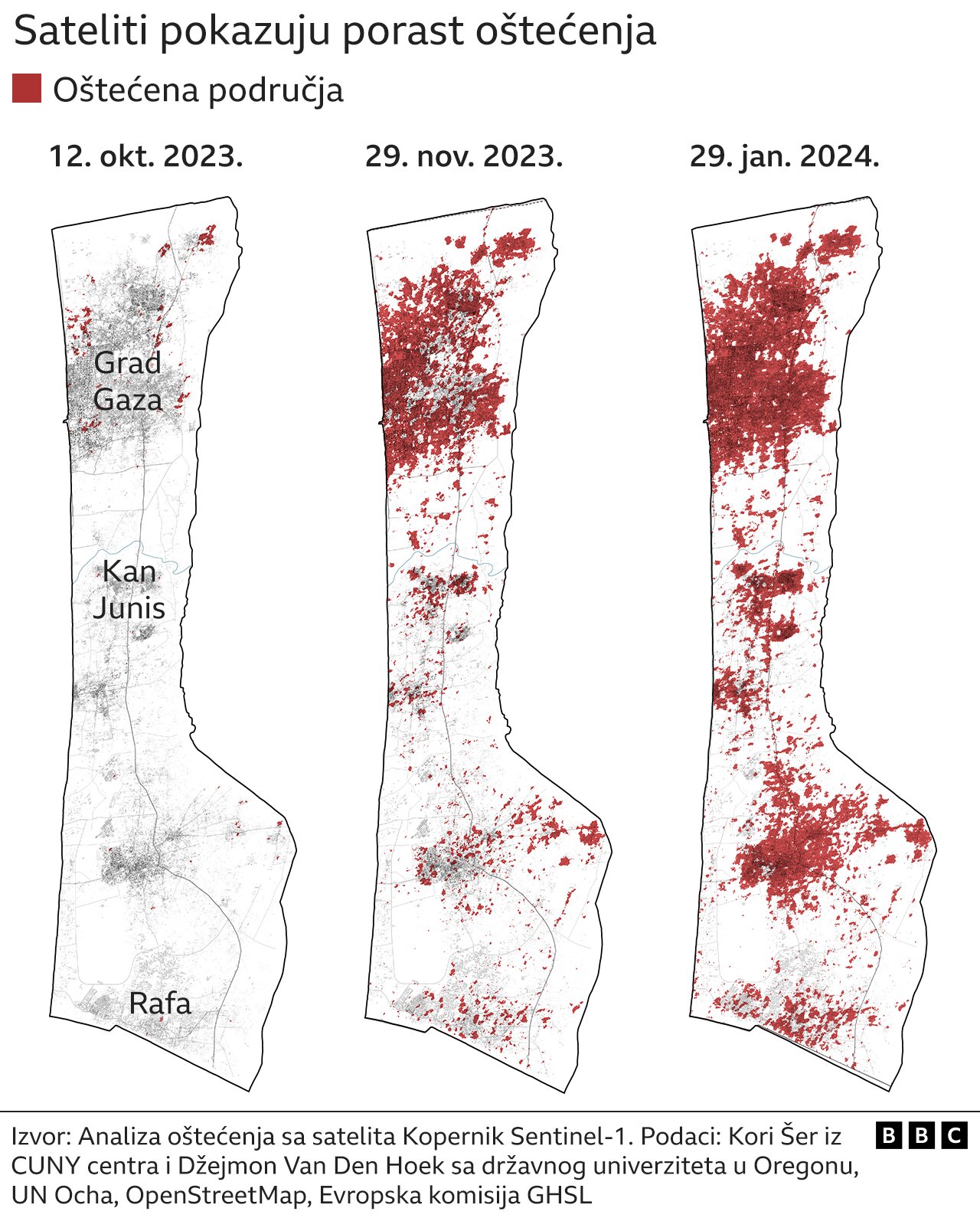 Izrael i Palestinci: Najmanje polovina zgrada u Gazi oštećena ili uništena, pokazuje nova analiza 2 grafika