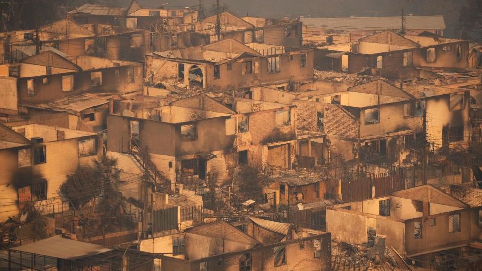 Homes affected by forest fires in the area of El Olivar, Vina del Mar, Valparaiso Region, Chile, 03 February 2024.