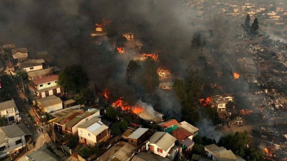 Aerial view of the forest fire that affects the hills of the city of Viña del Mar in the Las Pataguas sector, Chile, taken on February 3, 2024. Vina del Mar is a city within the Valparaiso region.