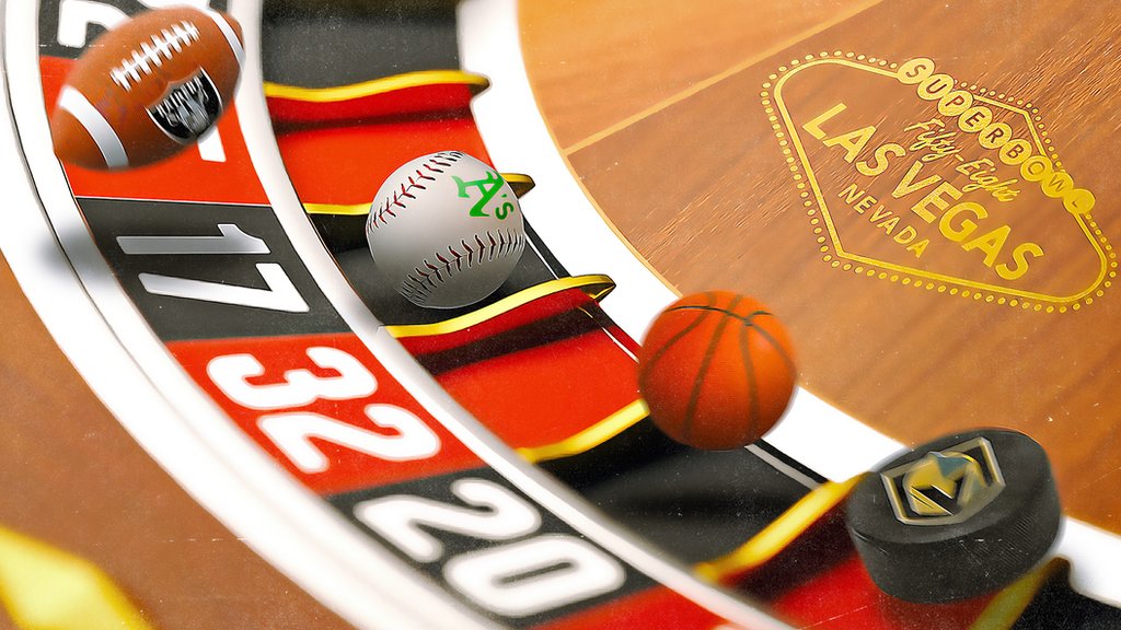 Superboul 58: Kako se Las Vegas zaljubio u velike ekipne sportove 1 A composite image of an American football, a baseball, a basketball and an ice hockey puck flying round a roulette table