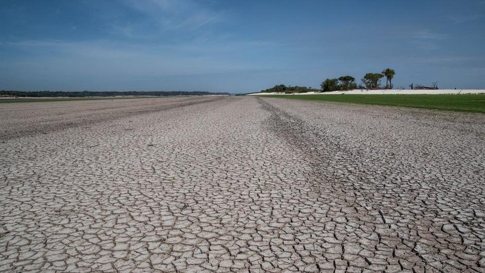 Area of parched land affected by severe drought in the Rio Negro, Amazonas, Brazil, October 2023.