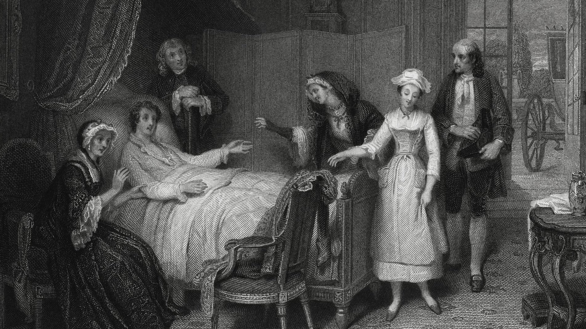 A man is visited by women while lying in his bed