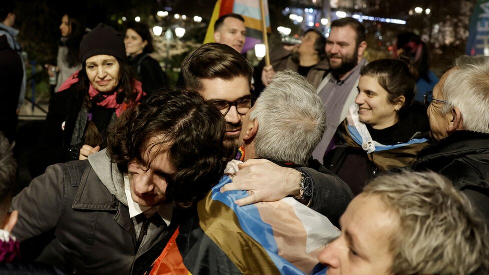 Supporters of the Equality in Civil Marriage bill outside the Greek Parliament ahead of the vote on Thursday