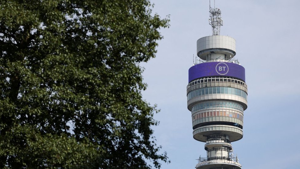 A view of BT Group logo displayed on BT tower, in London