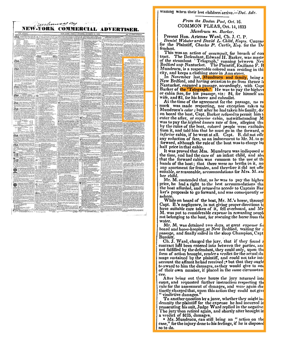 1833 New York newspaper report announces Mundrucu's victory in the first court case