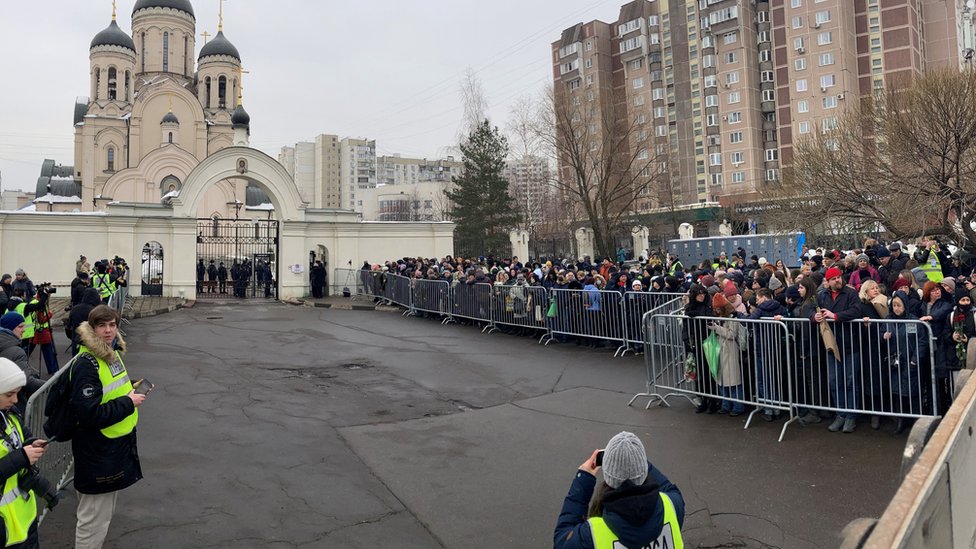 Mourners gather in front of the Mother of God Quench My Sorrows church ahead of a funeral service for late Russian opposition leader Alexei Navalny, in Moscow's district of Maryino on March 1, 2024.