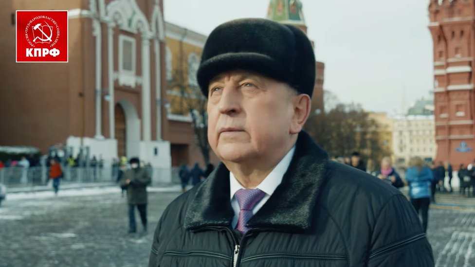 Nikolai Kharitonov is portrayed in a campaign video walking to his imagined new job in the Kremlin