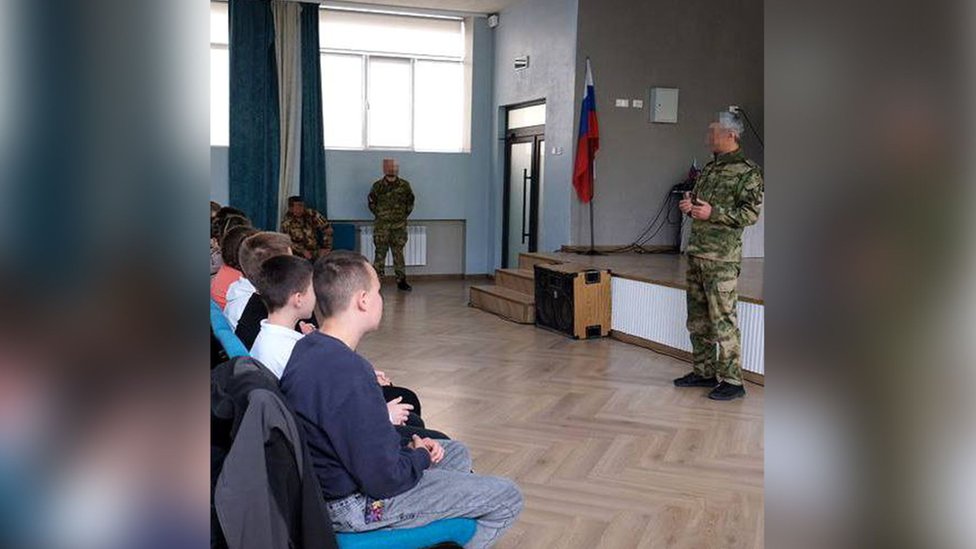 Russian soldiers at a school in occupied Melitopol