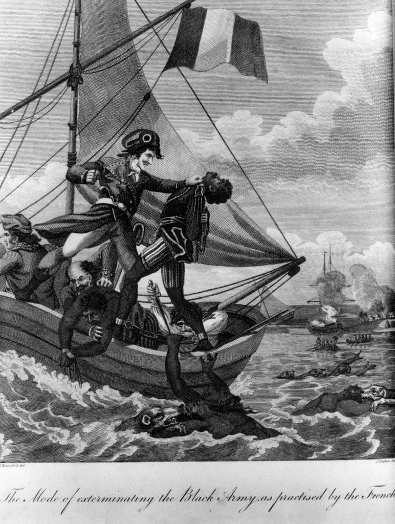 An illustration of French sailors throwing captured black soldiers overboard
