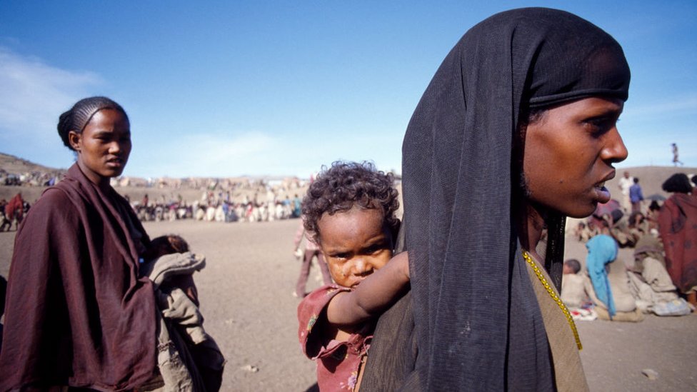 Women and children at the Mekele refugee camp in Ethiopia in 1984