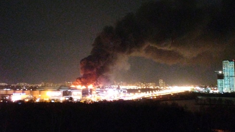 Smoke rises above the Crocus City Hall concert