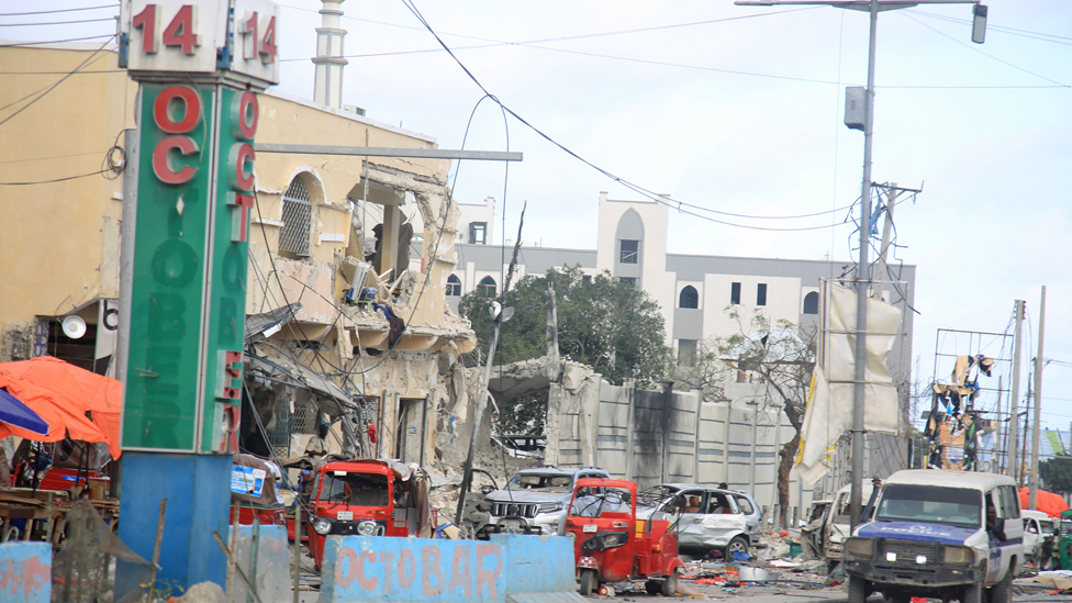 A general view shows the scene of one of car bomb explosions in Mogadishu, Somalia - 29 October 2022