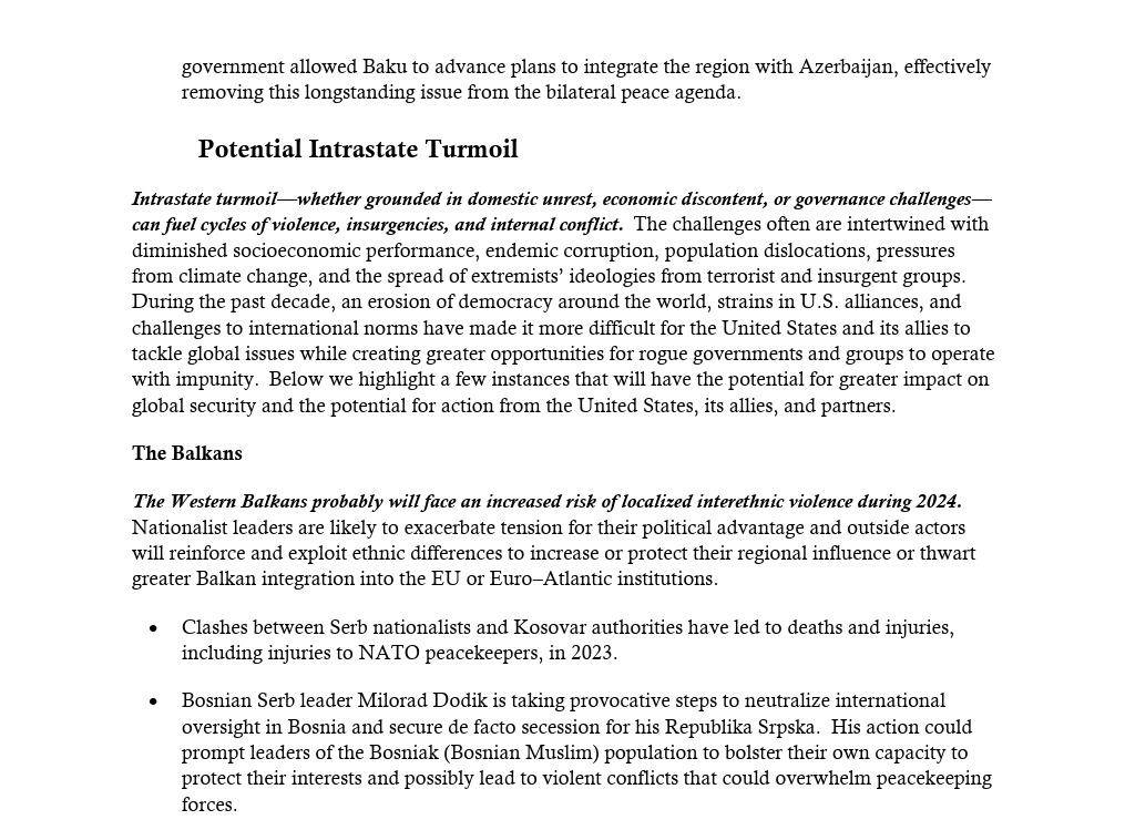 "Dodik bi mogao da pokrene secesiju u BiH ove godine, veliki rizik od novih sukoba između Srbije i Kosova": Obaveštajne agencije SAD objavile izveštaj za 2024. 2 "Dodik bi mogao da pokrene secesiju u BiH ove godine, veliki rizik od novih sukoba između Srbije i Kosova": Obaveštajne agencije SAD objavile izveštaj za 2024. 2