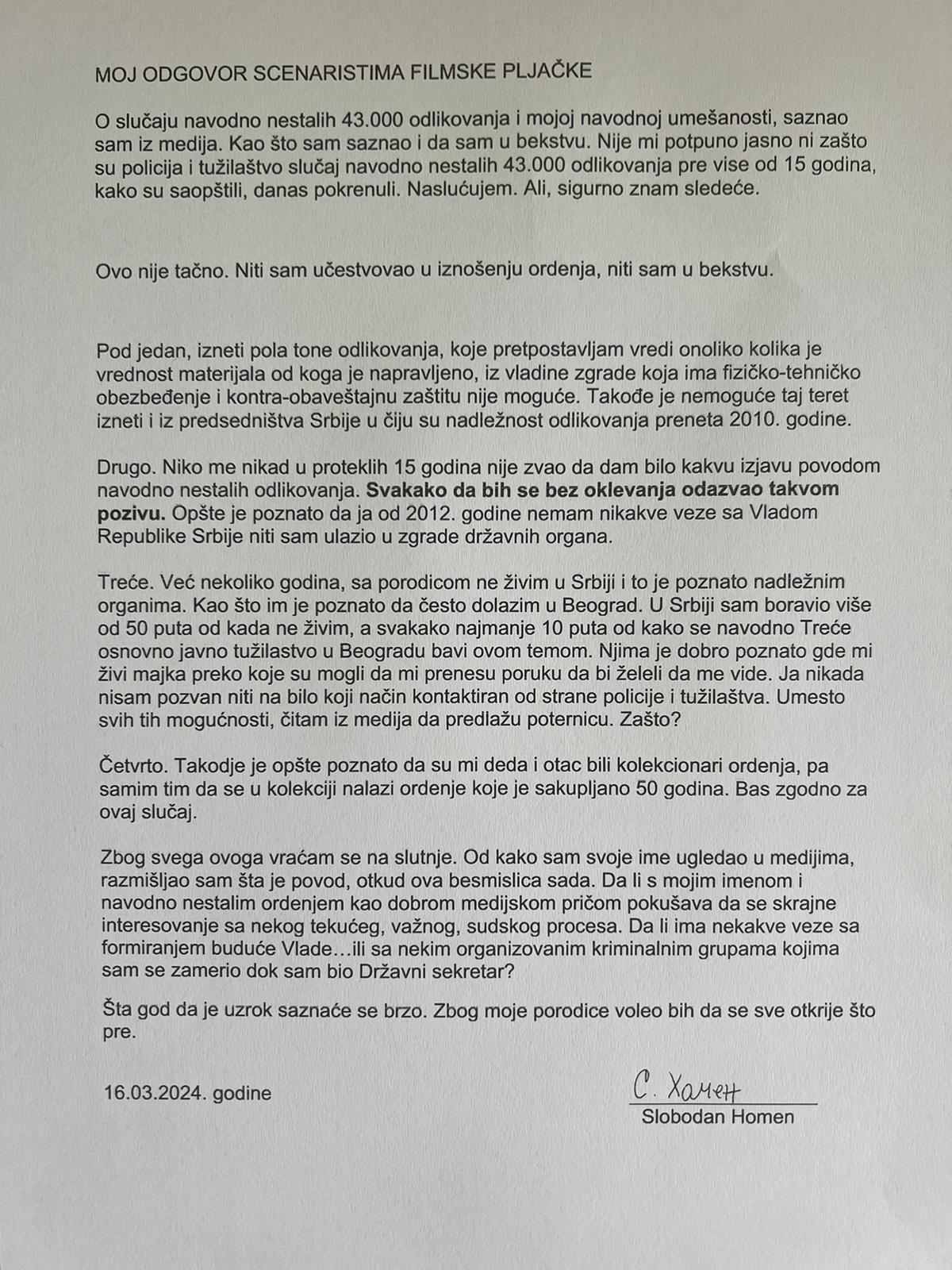 "Niti sam učestvovao u iznošenju ordenja, niti sam u bekstvu": Slobodan Homen reagovao na optužbe 2