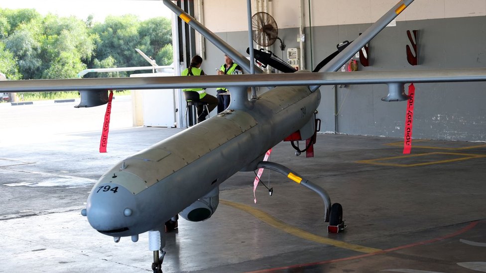 An Elbit Hermes 450 unmanned aerial vehicle (UAV) built by Elbit Systems, at Israel's Palmachim Air Force Base (5 July 2023)
