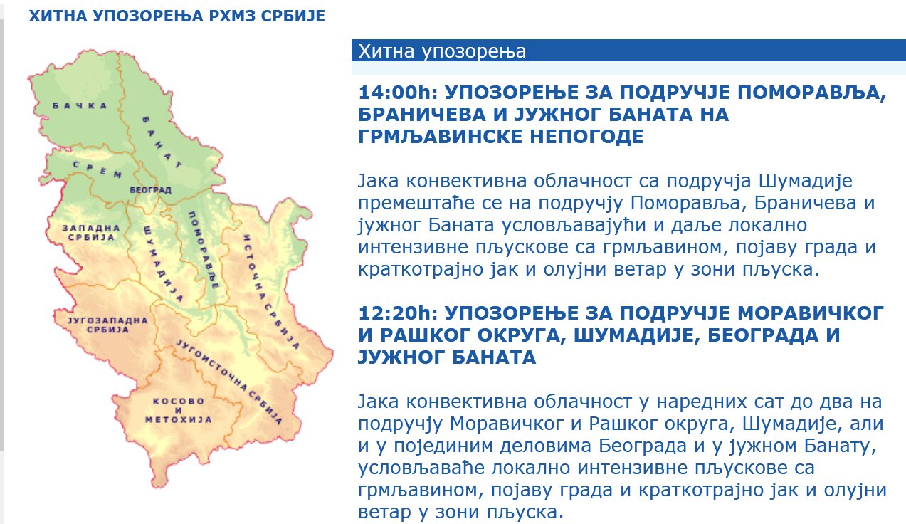 Grmljavinske nepogode, pljuskovi, grad: Najnovije hitno upozorenje RHMZ od 14 časova 2