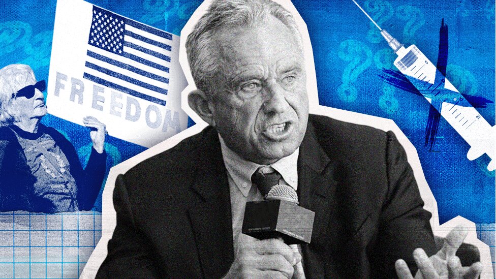 Izbori u Americi 2024: Kako su dezinformacije o vakcinama oblikovale „istinozboračku" kandidaturu Roberta Kenedija Mlađeg 1 Robert F Kenedi mlađi ilustracija sa špricevima i plakatom slobode u pozadini
