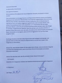 KG incijativa pismo ambasadorima litijum - nemački 04 Šta odbornici „Kragujevačke inicijative” navode u pismu o litijumu, upućenom ambasadorima SAD, Velike Britanije i Nemačke? 2