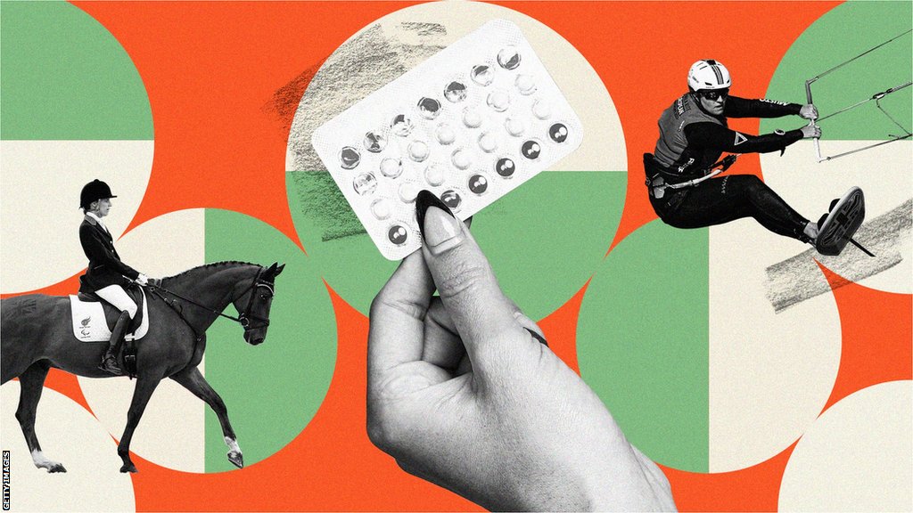 BBC studija o vrhunskim britanskim sportistkinjama 2024: Sportistkinje govore o upotrebi kontraceptivne pilule 1 Grafika sa paketom tableta, jahačem i trkačem za kajt