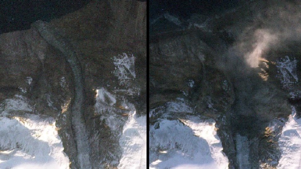 Klimatske promene: Šta je uzrok misterioznog talasa potresa koji je „obišao planetu" 3 Dve satelitske slike snimljene pre i posle klizišta u grenlandskom fjordu