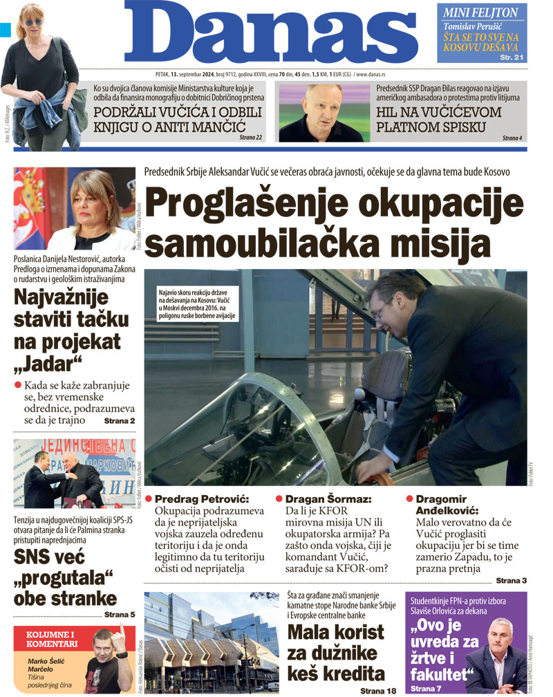 Naslovna strana za 13. septembar 2024. 1