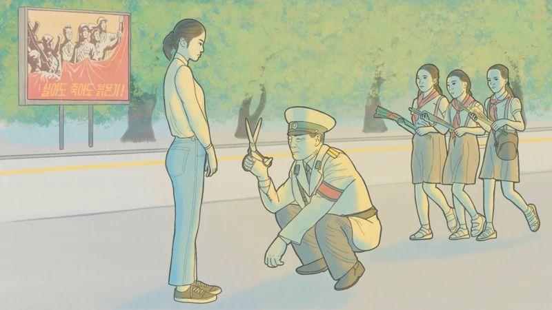 Modna dizajnerka iz Severne Koreje: 'Videla sam slobodu u pocepanim farmerkama' 2 Ilustracija koja pokazuje inspektora na ulici koji nosi makaze ispred žene u džinsu