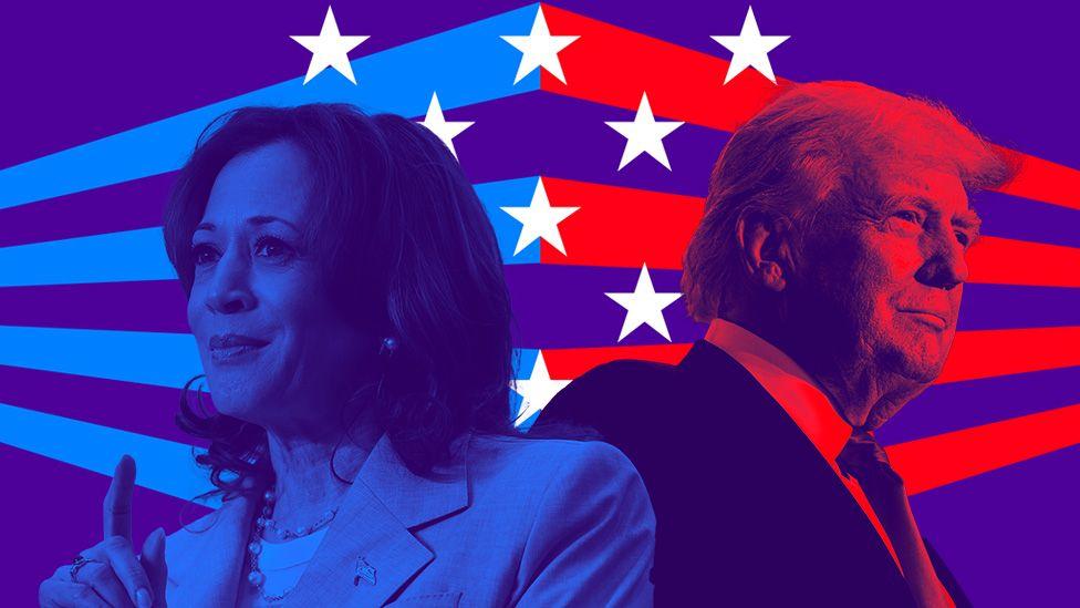 Od pomfrita do gradske čistoće: Sumiranje kampanje Haris i Trampa 1 Ilustracija Kamale Haris i Donalda Trampa u bojama političkih partija - plavoj i crvenoj, u pozadini detalji američke zastave