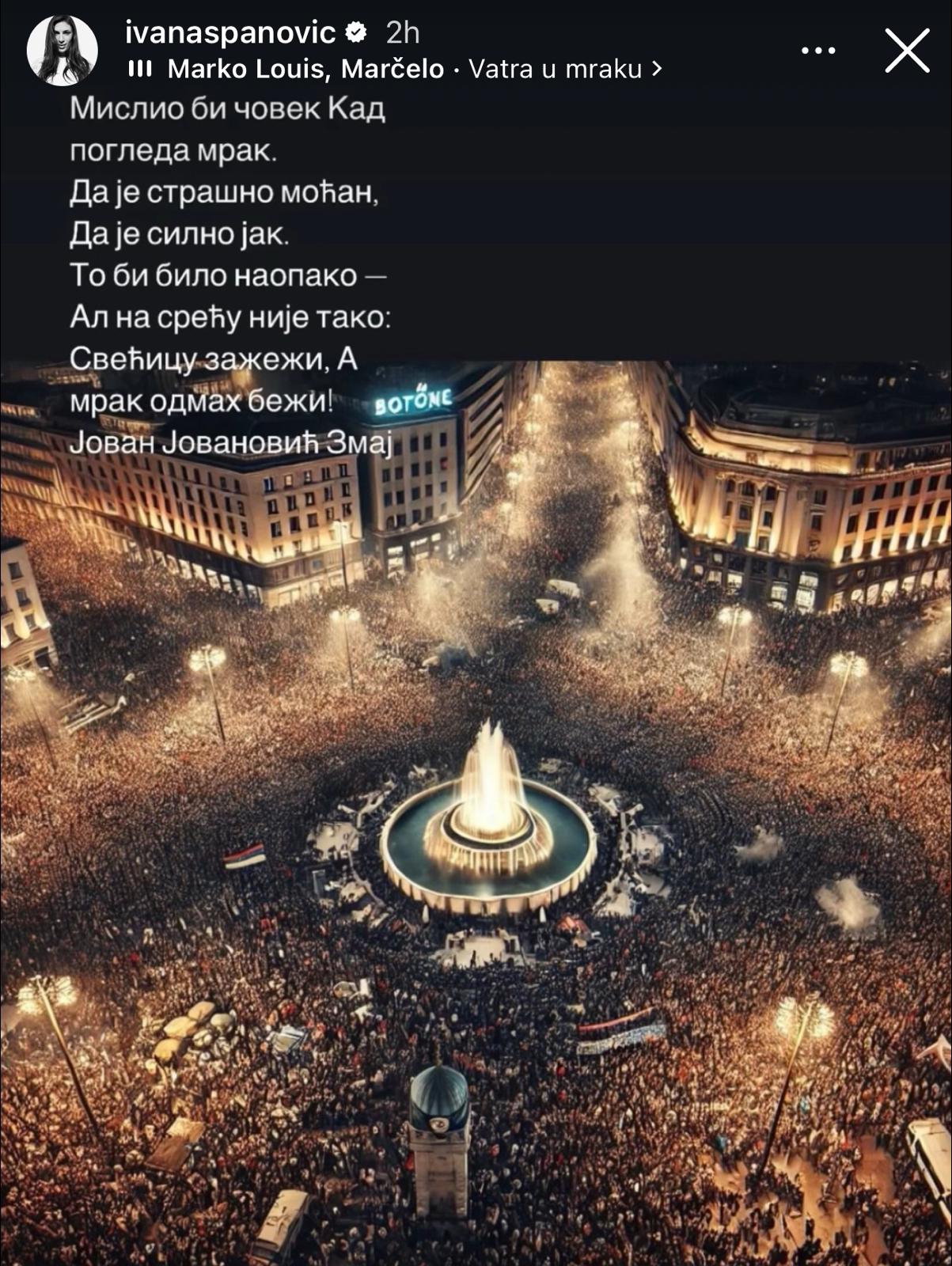 Ivana Španović podržala studente uz stihove Jovana Jovanovića Zmaja: "Svećicu zažeži, a mrak odmah beži" 2 Ivana Španović, screenshot