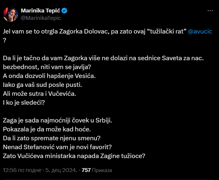 Tepić pita Vučića: Da li vam se otrgla Zagorka Dolovac pa zato spremate njenu smenu? 2 Tepić pita Vučića: Da li vam se otrgla Zagorka Dolovac pa zato spremate njenu smenu? 2